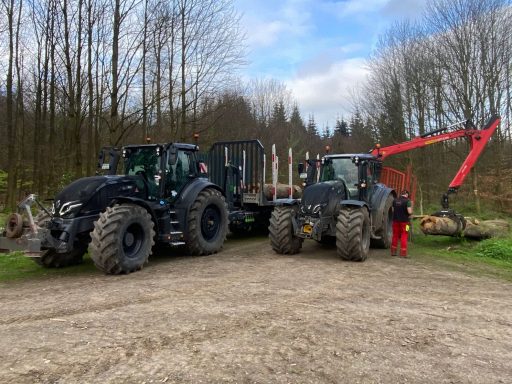 Rückewagen und Rungenkorb auf Hakenlift für Stammholztransport